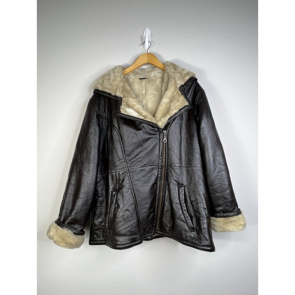 Vintage Wilson's Womens XL Leather Brown Faux Fur Lined Hooded Bomber Jacket